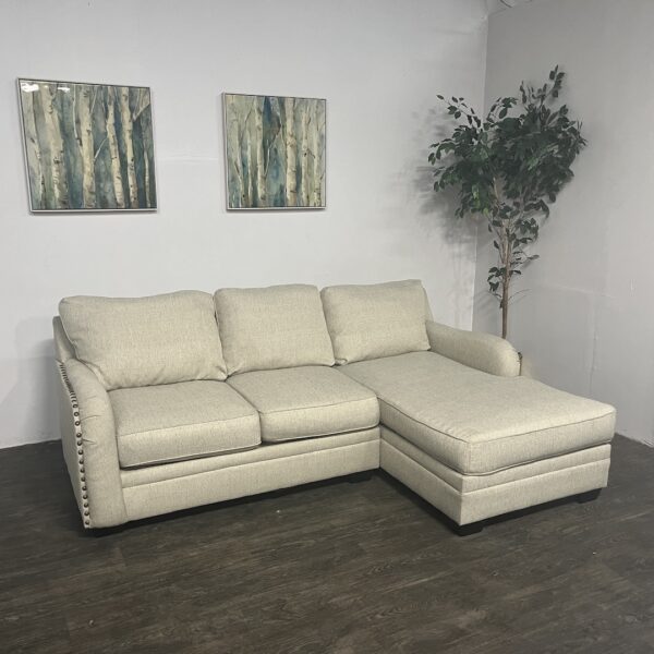 Beige Nailhead Chaise Sectional Couch - Image 2