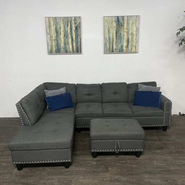 Gray Nailhead Sectional Couch + Storage Ottoman