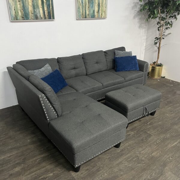 Gray Nailhead Sectional Couch + Storage Ottoman - Image 2