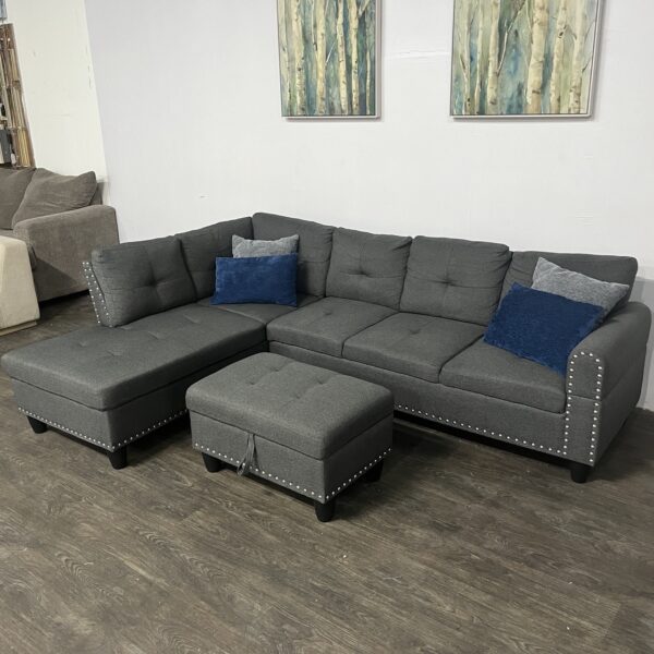 Gray Nailhead Sectional Couch + Storage Ottoman - Image 3