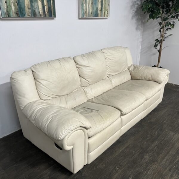 Cream Leather Manual Recliner Sofa - Image 4