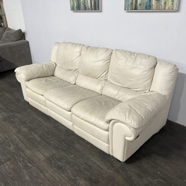 Cream Leather Manual Recliner Sofa - Image 3
