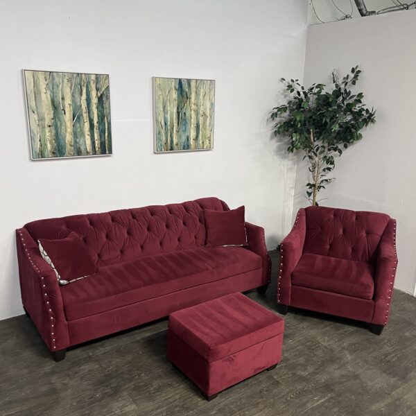 Red Nailhead Sofa Set + Storage Ottoman - Image 2