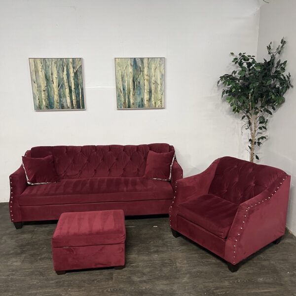 Red Nailhead Sofa Set + Storage Ottoman
