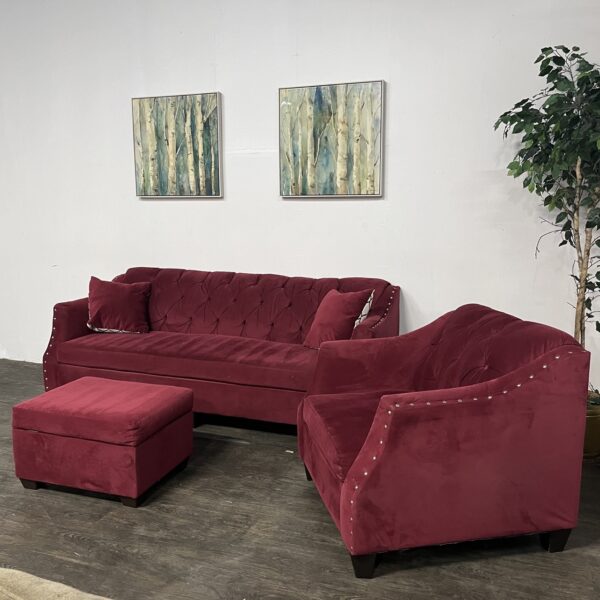 Red Nailhead Sofa Set + Storage Ottoman - Image 3